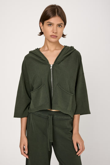 Slub Cotton Knit Hooded Jacket in Green