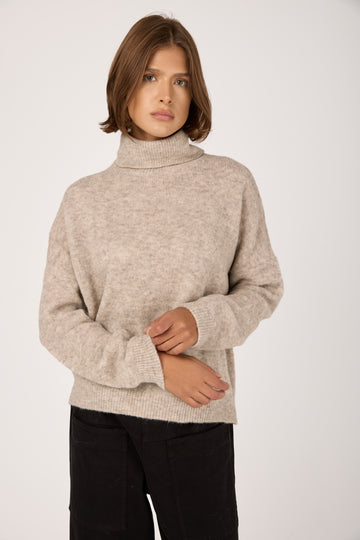 Turtleneck Wool Knit Sweater in Light Grey