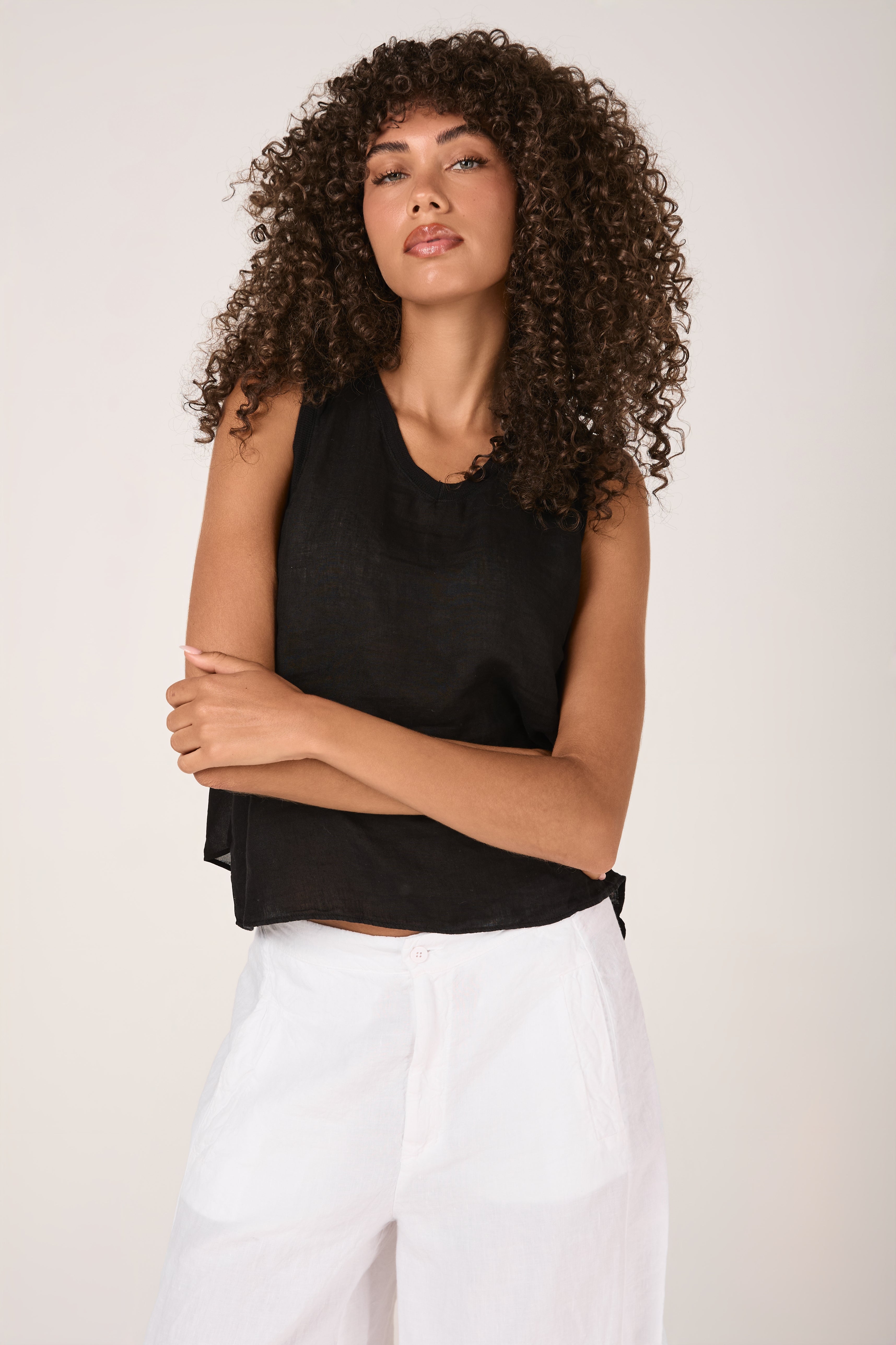 Viscose Georgette Linen Tank Top in Black